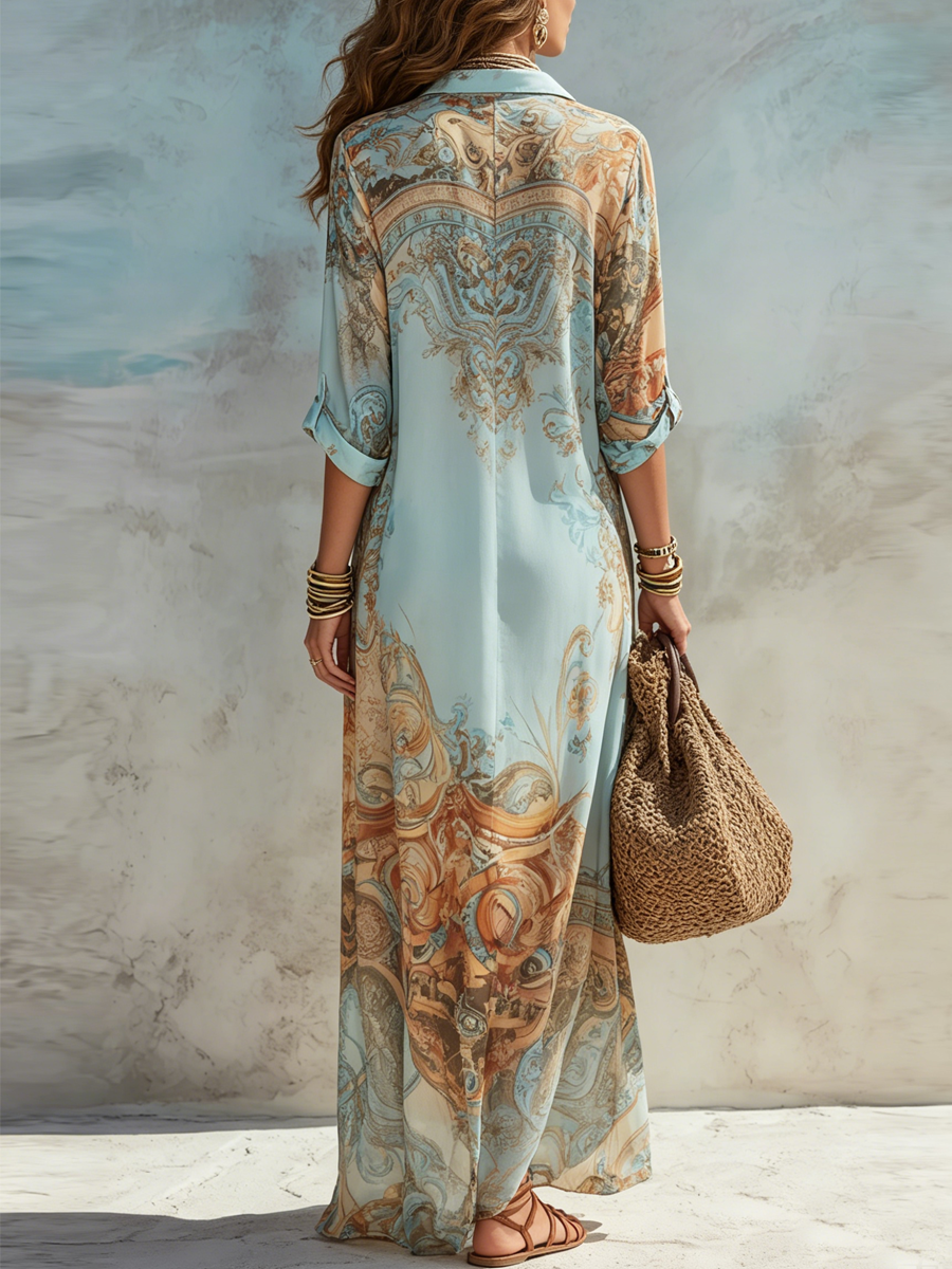 Bellune™ バロックスタイルの花柄シフォンマキシドレス（ブルー）