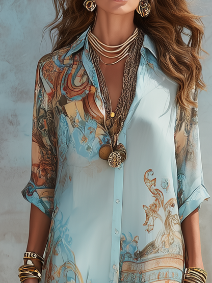 Bellune™ バロックスタイルの花柄シフォンマキシドレス（ブルー）